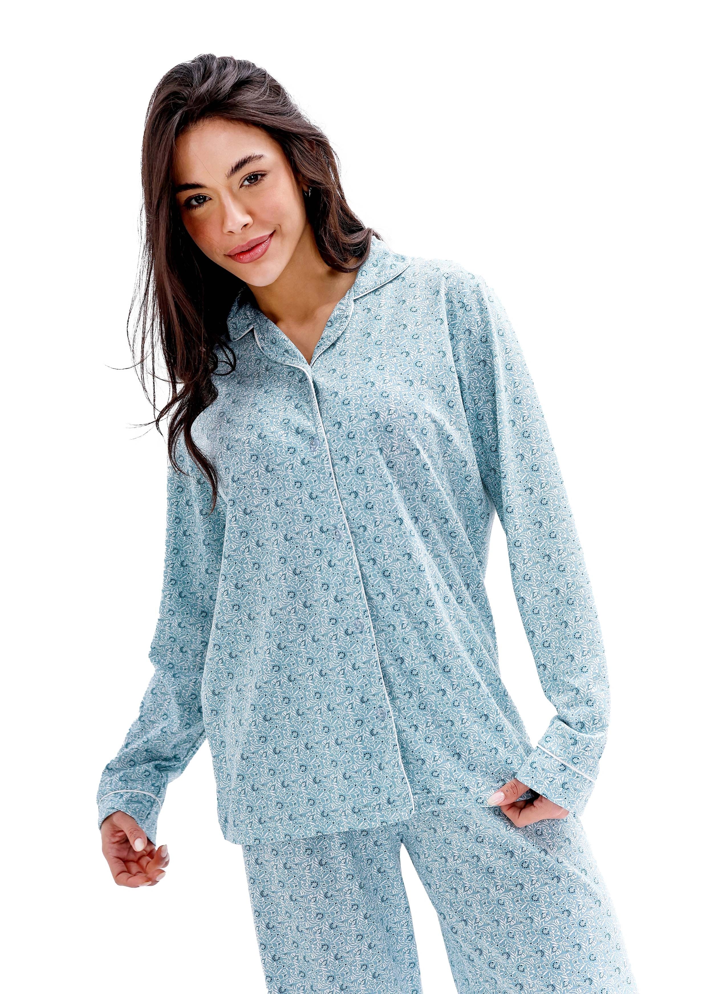 L600 SPRING PASTEL FLOWERS LONG-SLEEVE BUTTON-UP PAJAMA SET