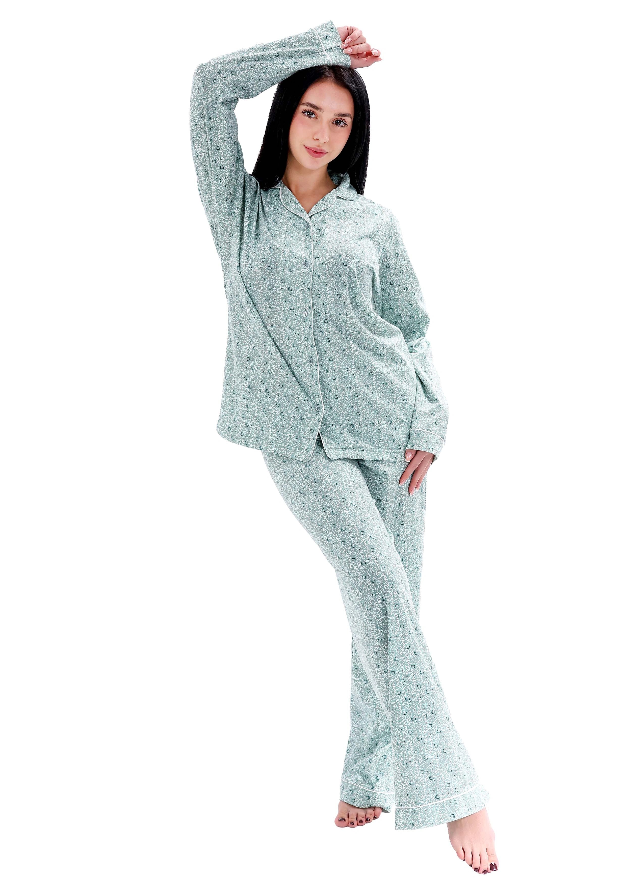 L600 SPRING PASTEL FLOWERS LONG-SLEEVE BUTTON-UP PAJAMA SET