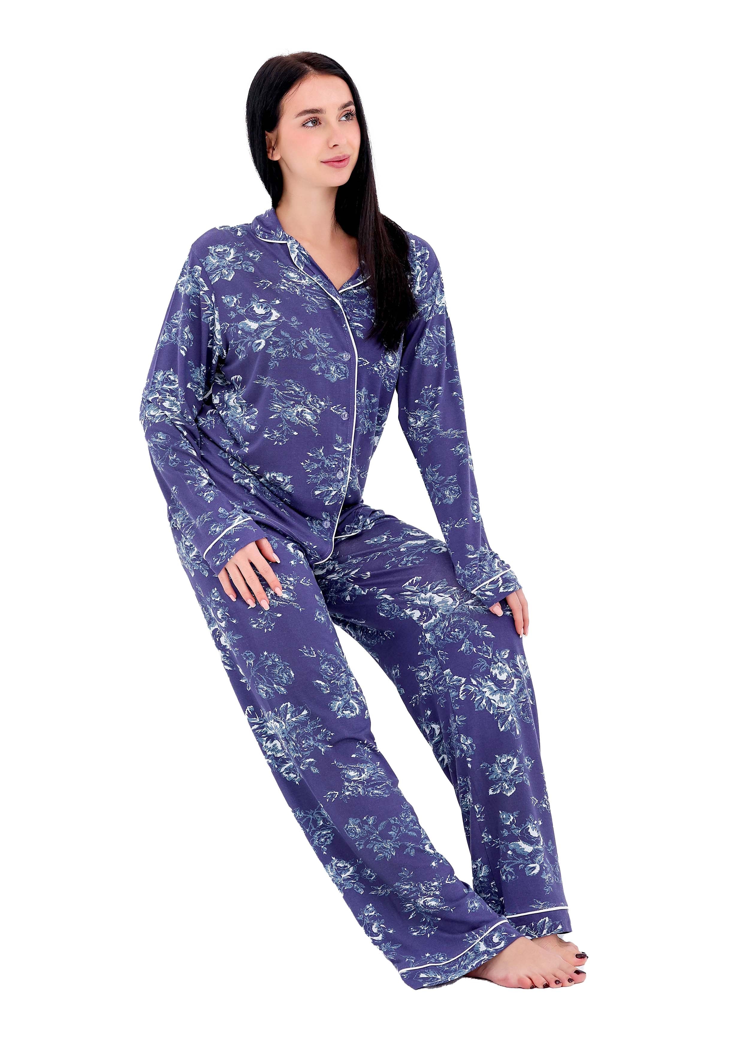 K609 DARK ORHCID  LONG-SLEEVE BUTTON-UP PAJAMA SET