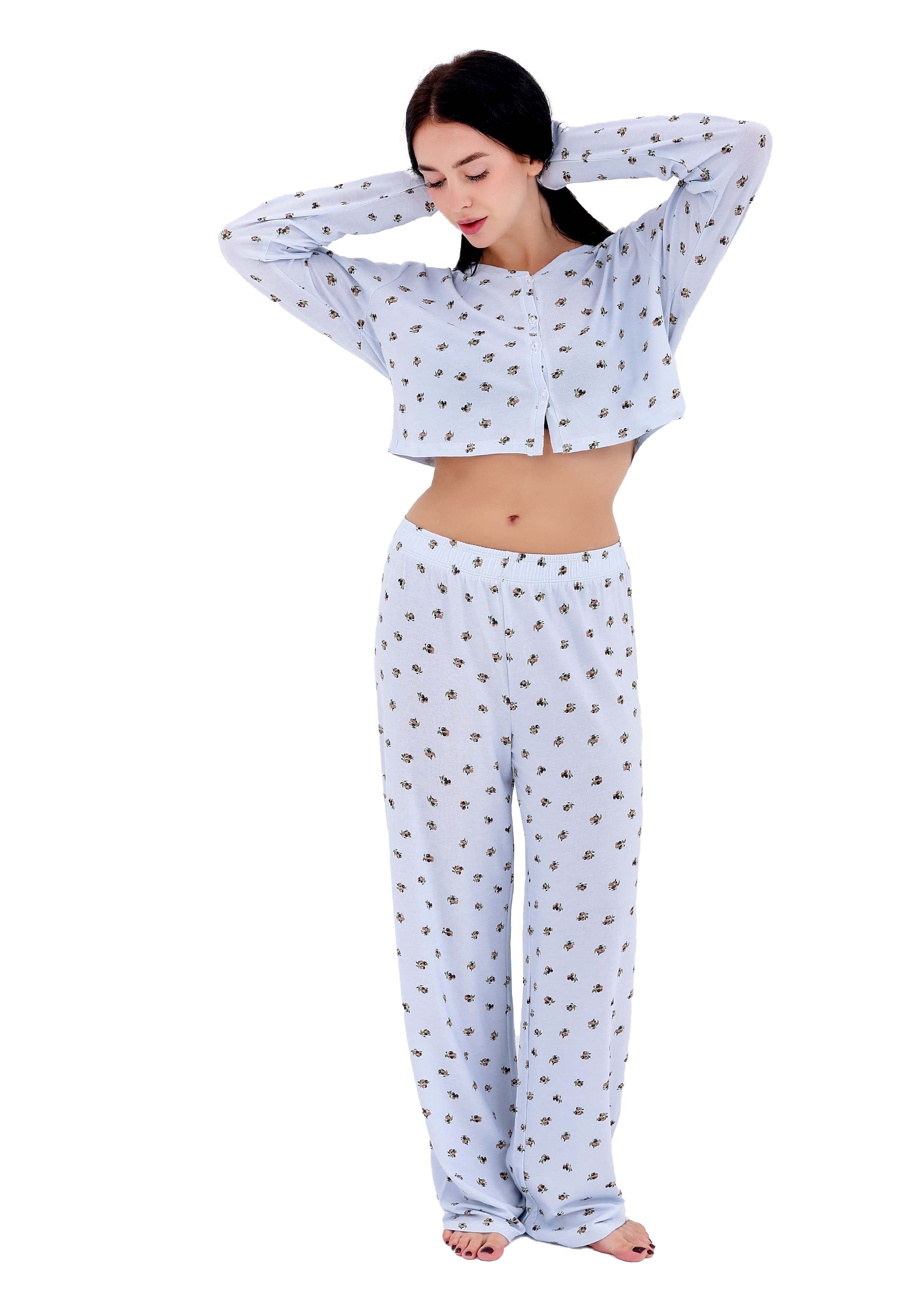 K603 PRETTY BERRIES LONG-SLEEVE BUTTON-UP CROPED PAJAMA SET
