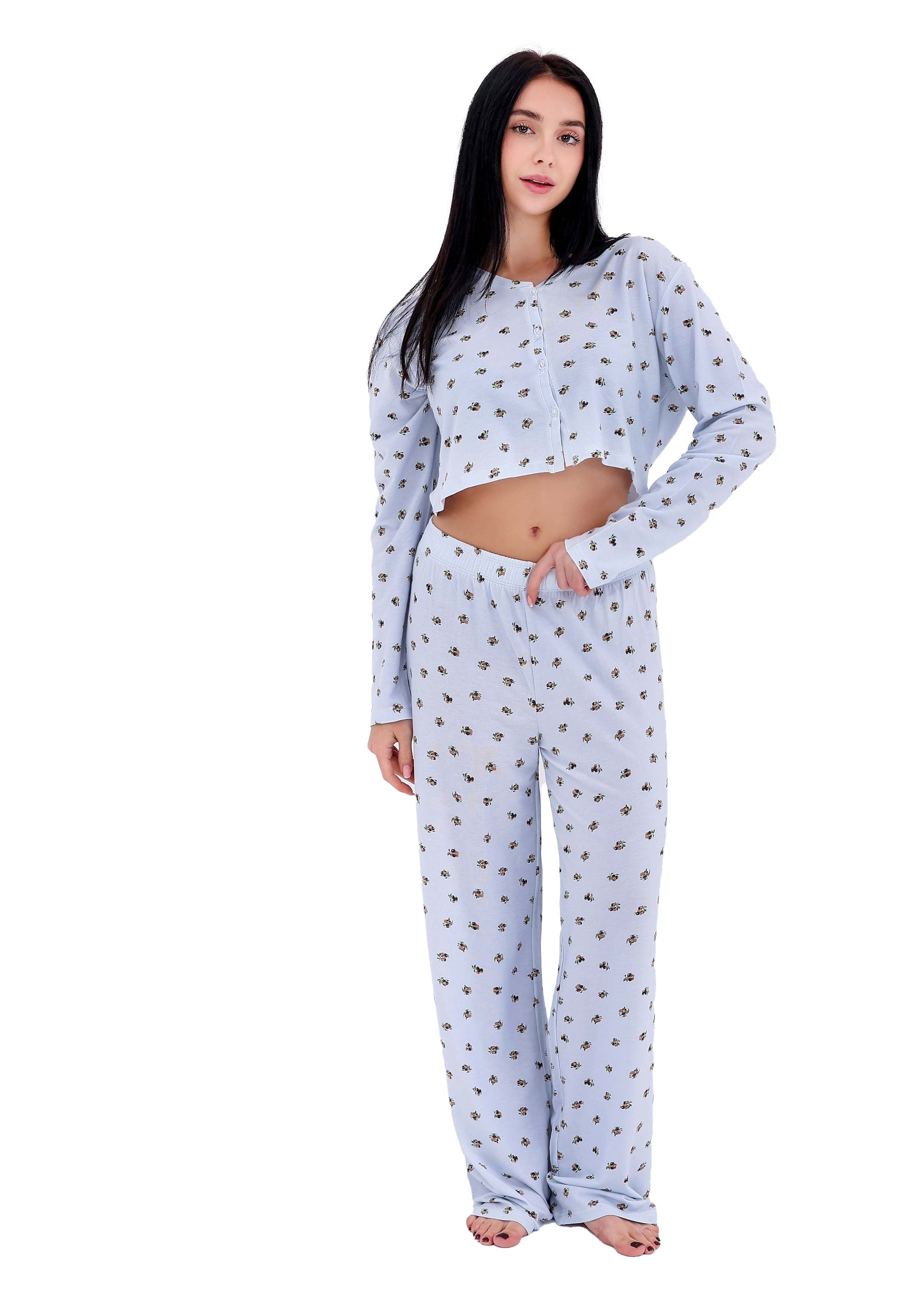 K603 PRETTY BERRIES LONG-SLEEVE BUTTON-UP CROPED PAJAMA SET
