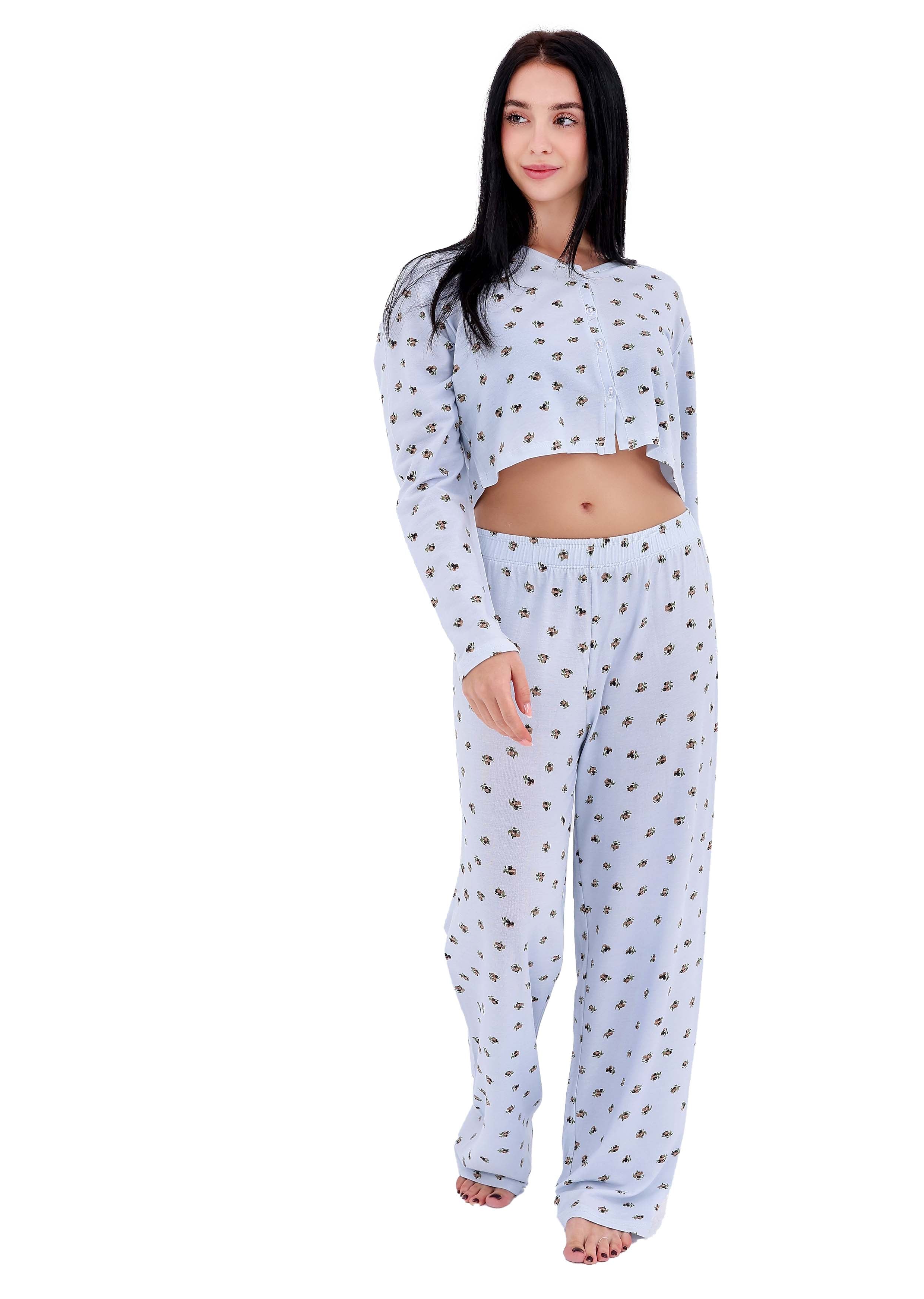 K603 PRETTY BERRIES LONG-SLEEVE BUTTON-UP CROPED PAJAMA SET