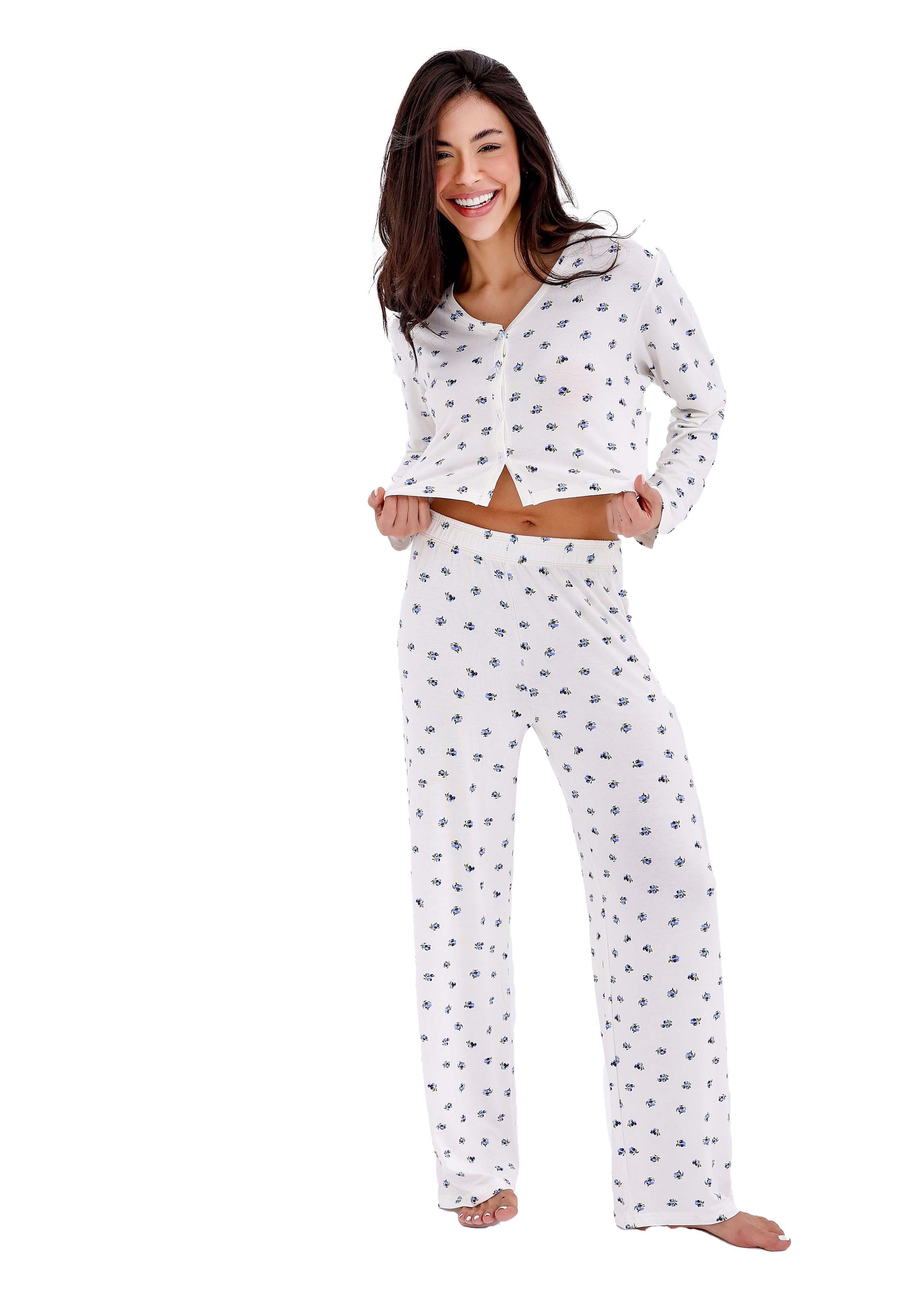 K603 PRETTY BERRIES LONG-SLEEVE BUTTON-UP CROPED PAJAMA SET