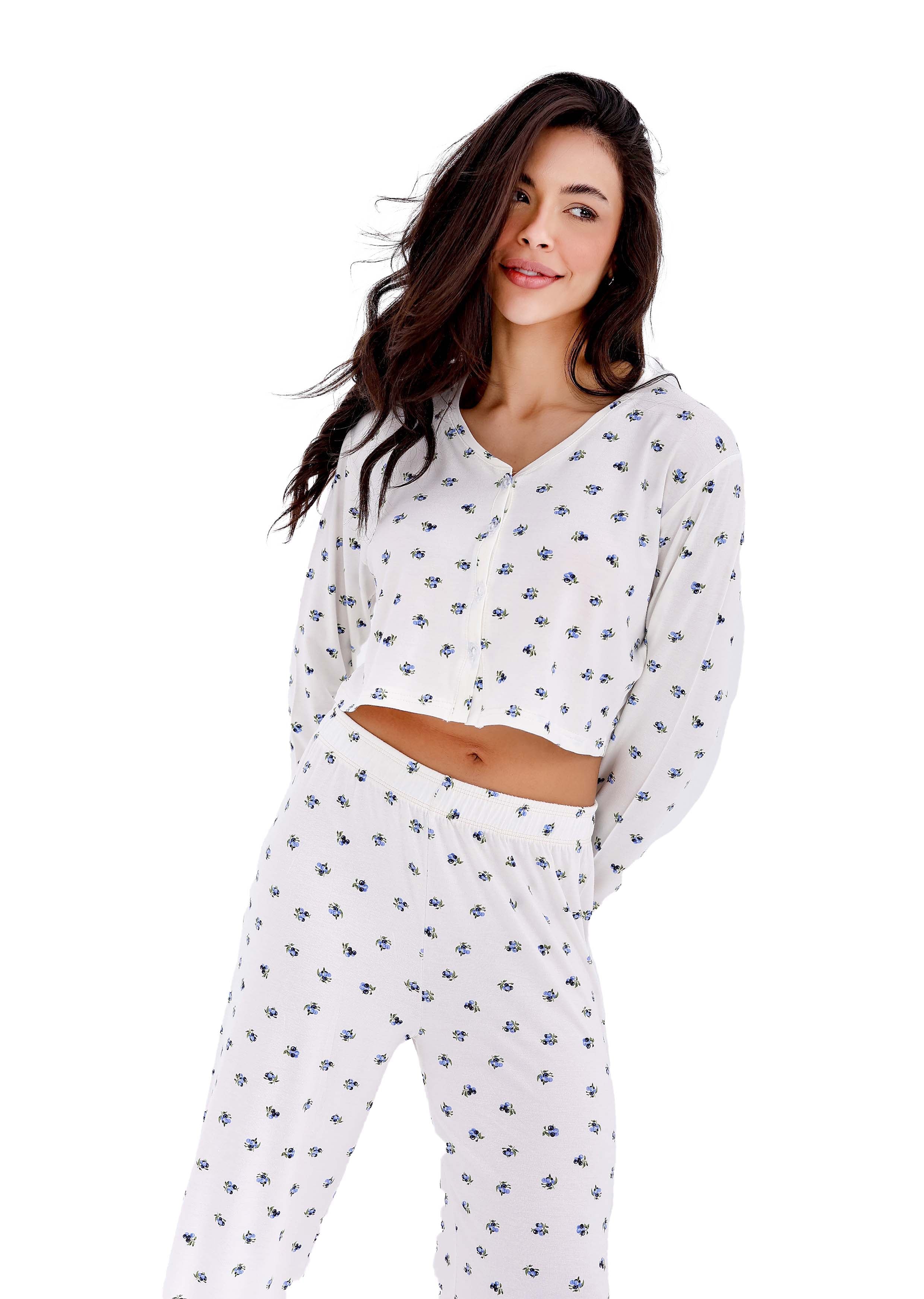 K603 PRETTY BERRIES LONG-SLEEVE BUTTON-UP CROPED PAJAMA SET