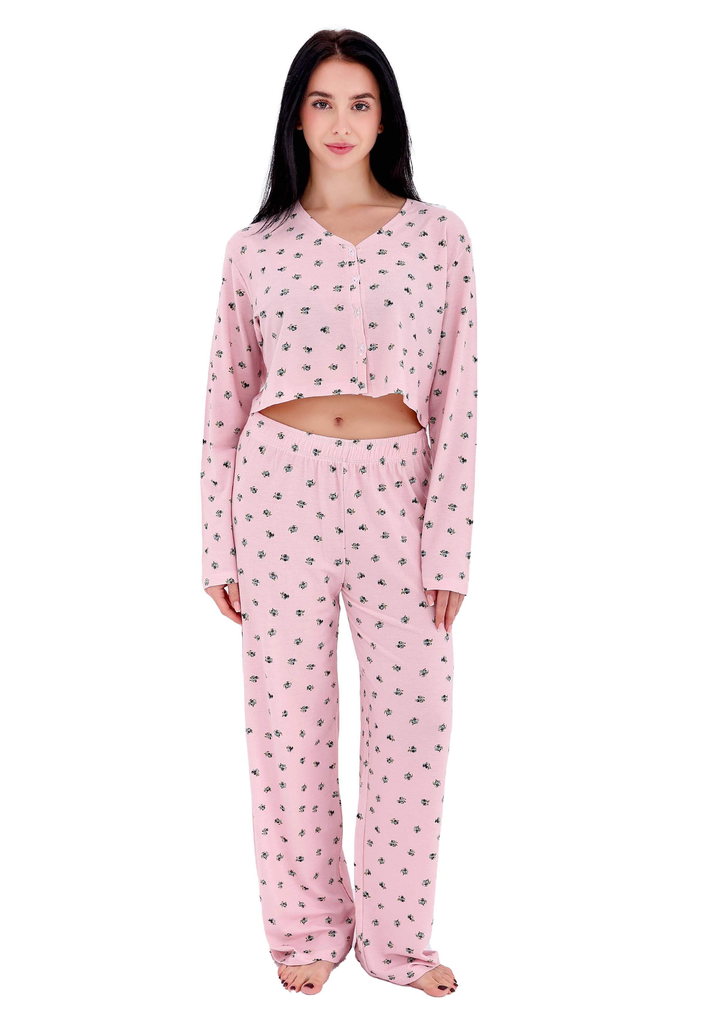 K603 PRETTY BERRIES LONG-SLEEVE BUTTON-UP CROPED PAJAMA SET