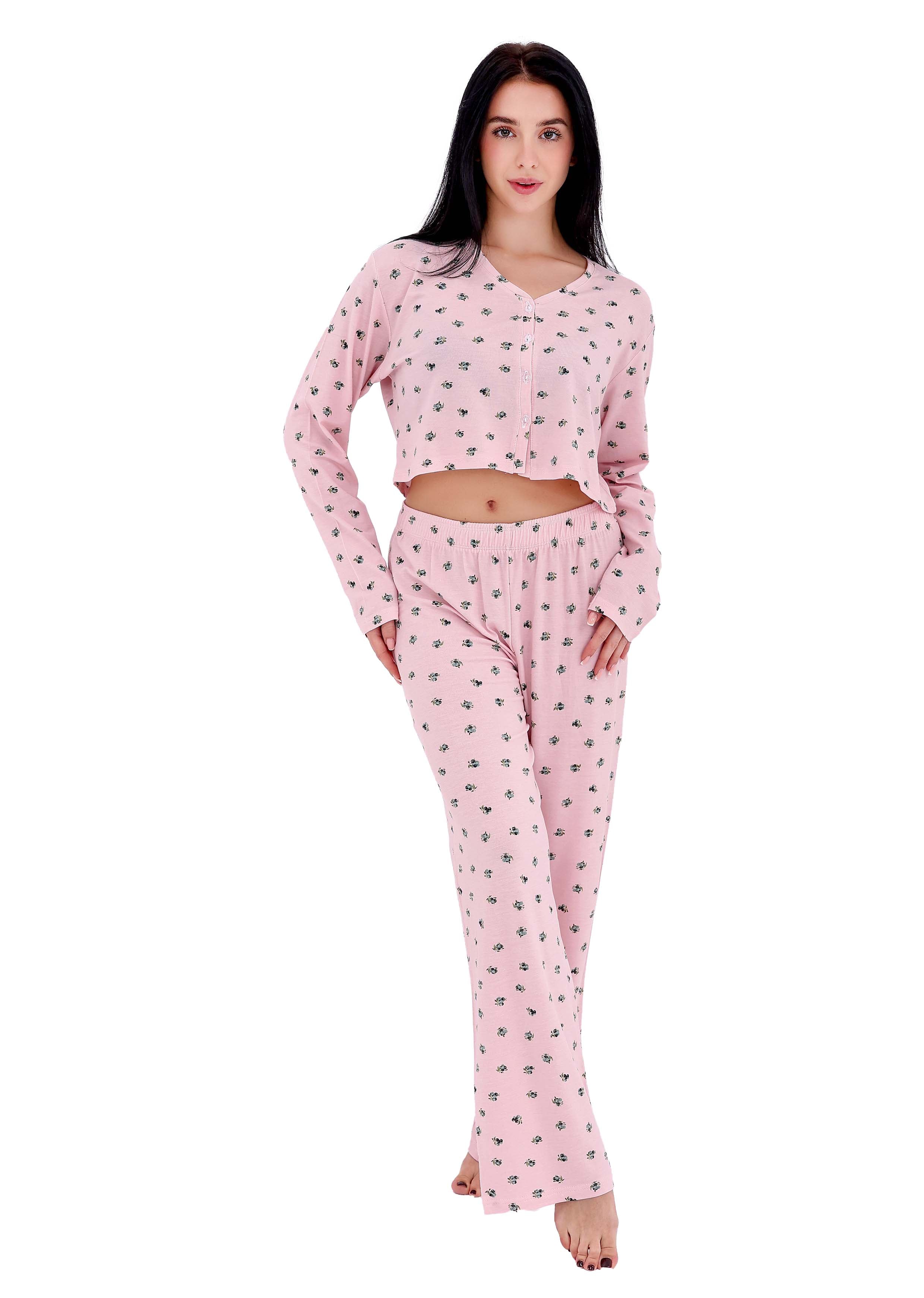 K603 PRETTY BERRIES LONG-SLEEVE BUTTON-UP CROPED PAJAMA SET