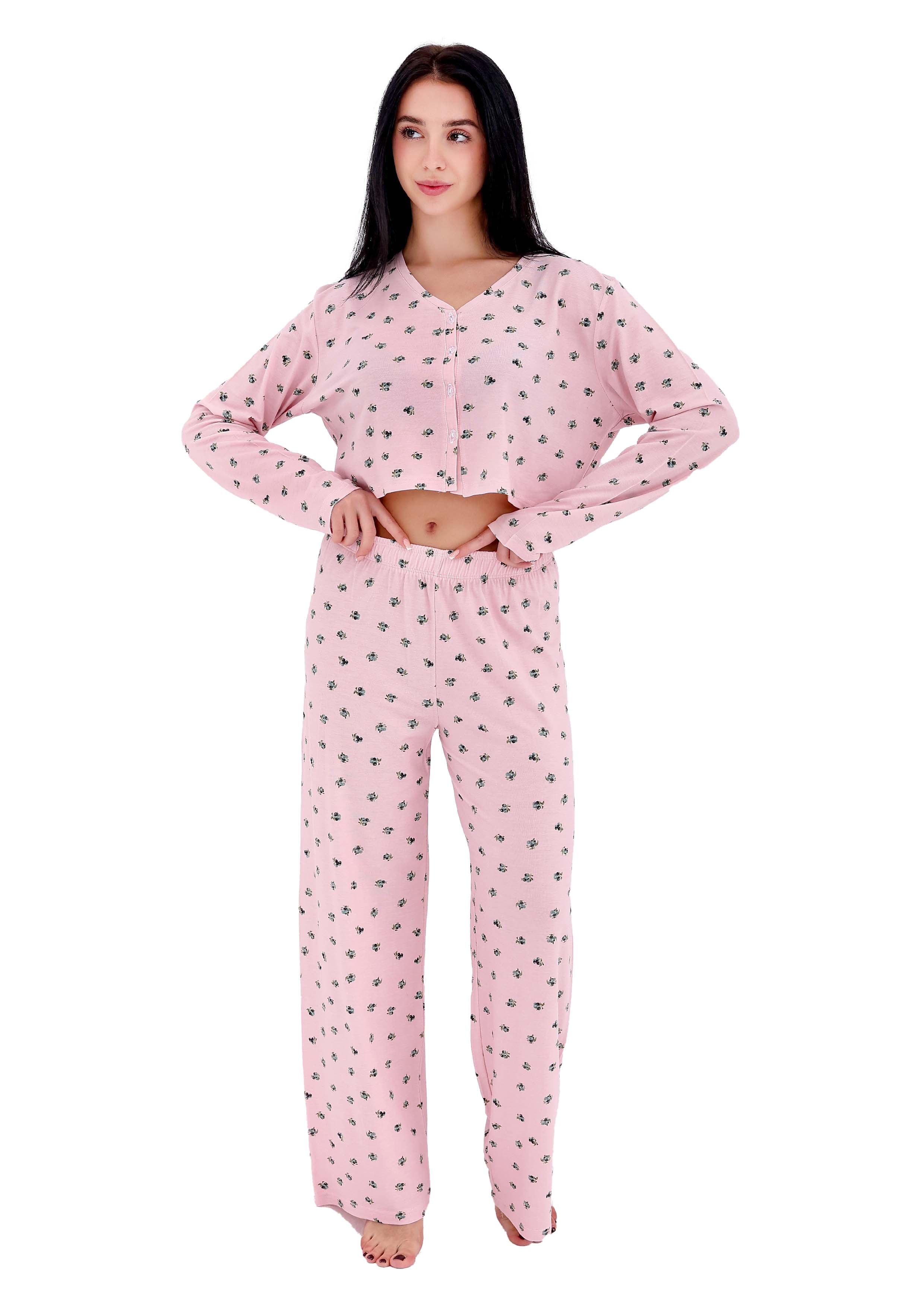 K603 PRETTY BERRIES LONG-SLEEVE BUTTON-UP CROPED PAJAMA SET
