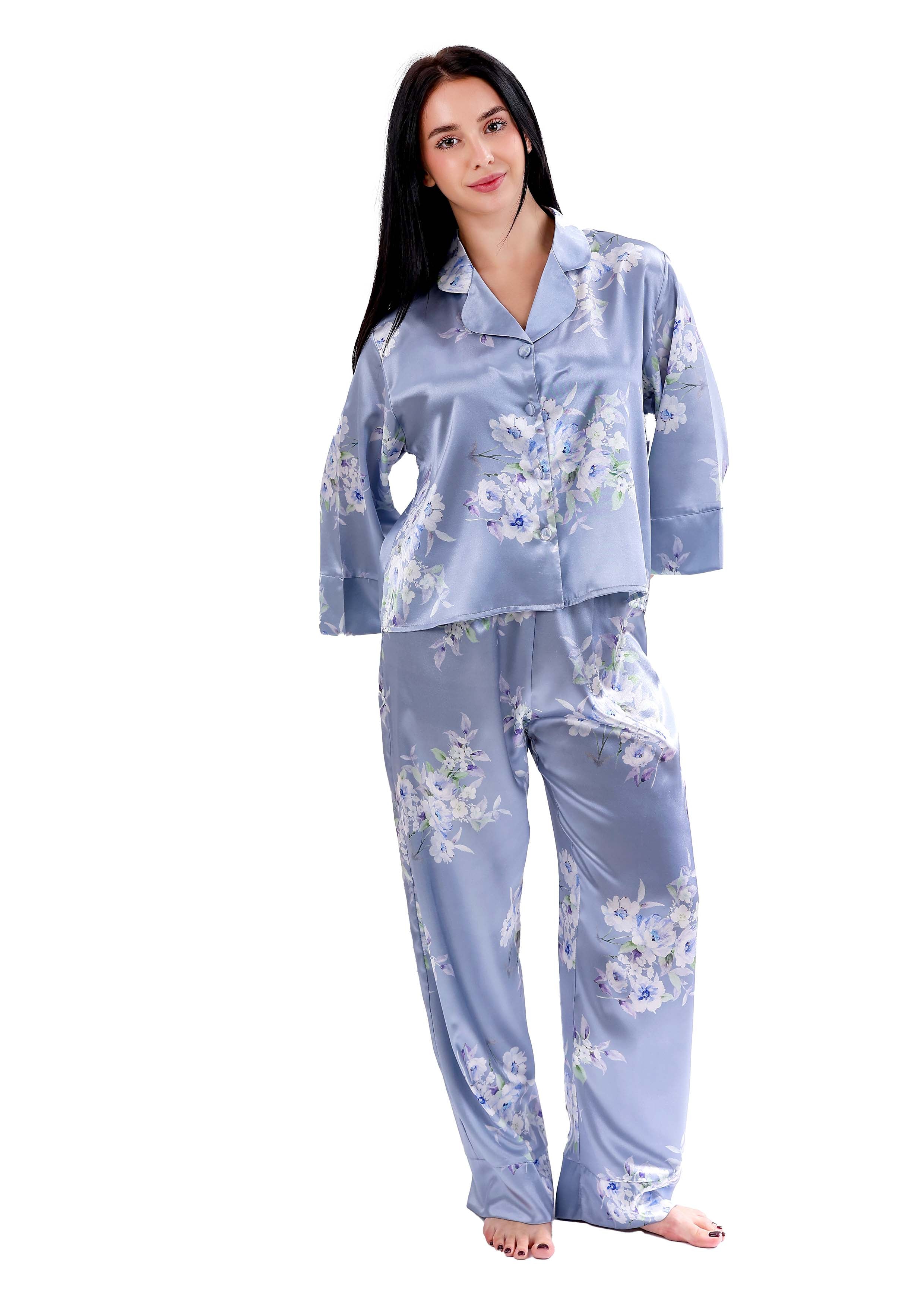 K613 BLUE SATIN ROSES BUTTONED UP PAJAMA SET