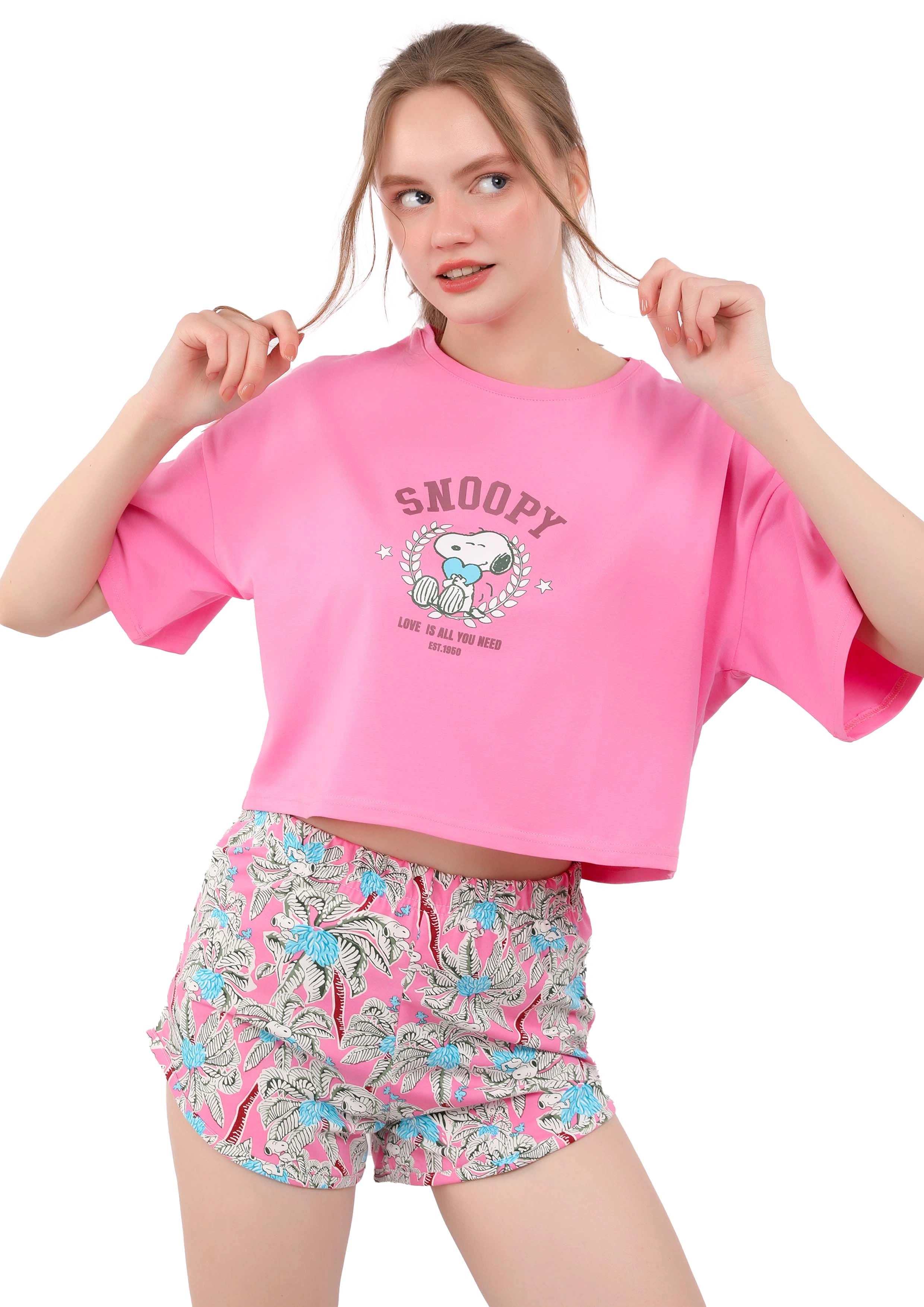 S243 SNOOPY PALMS CROP-TOP SHORTS PAJAMA SET