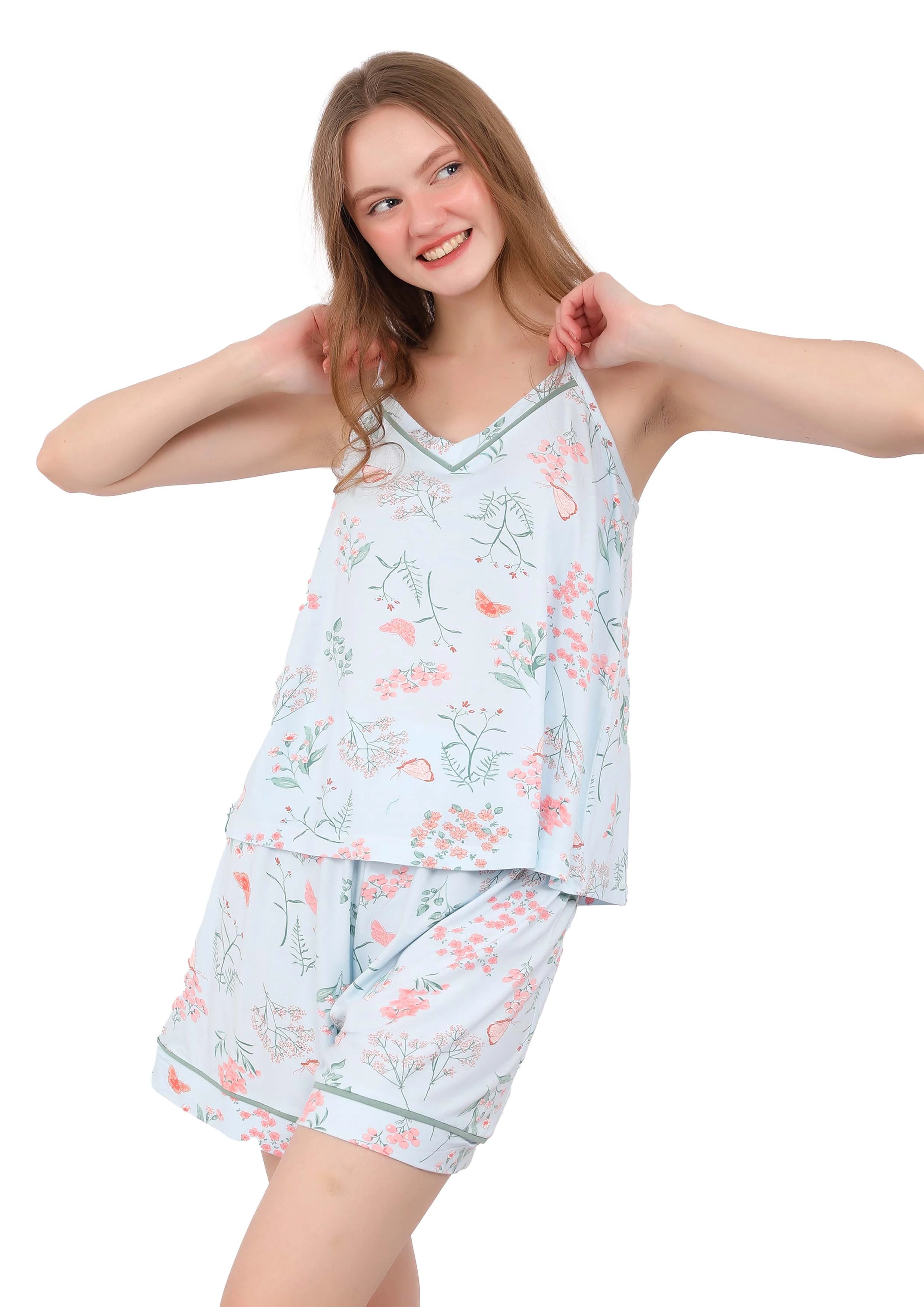 V218 Pastel Spring Blossoms Short Pajama Set