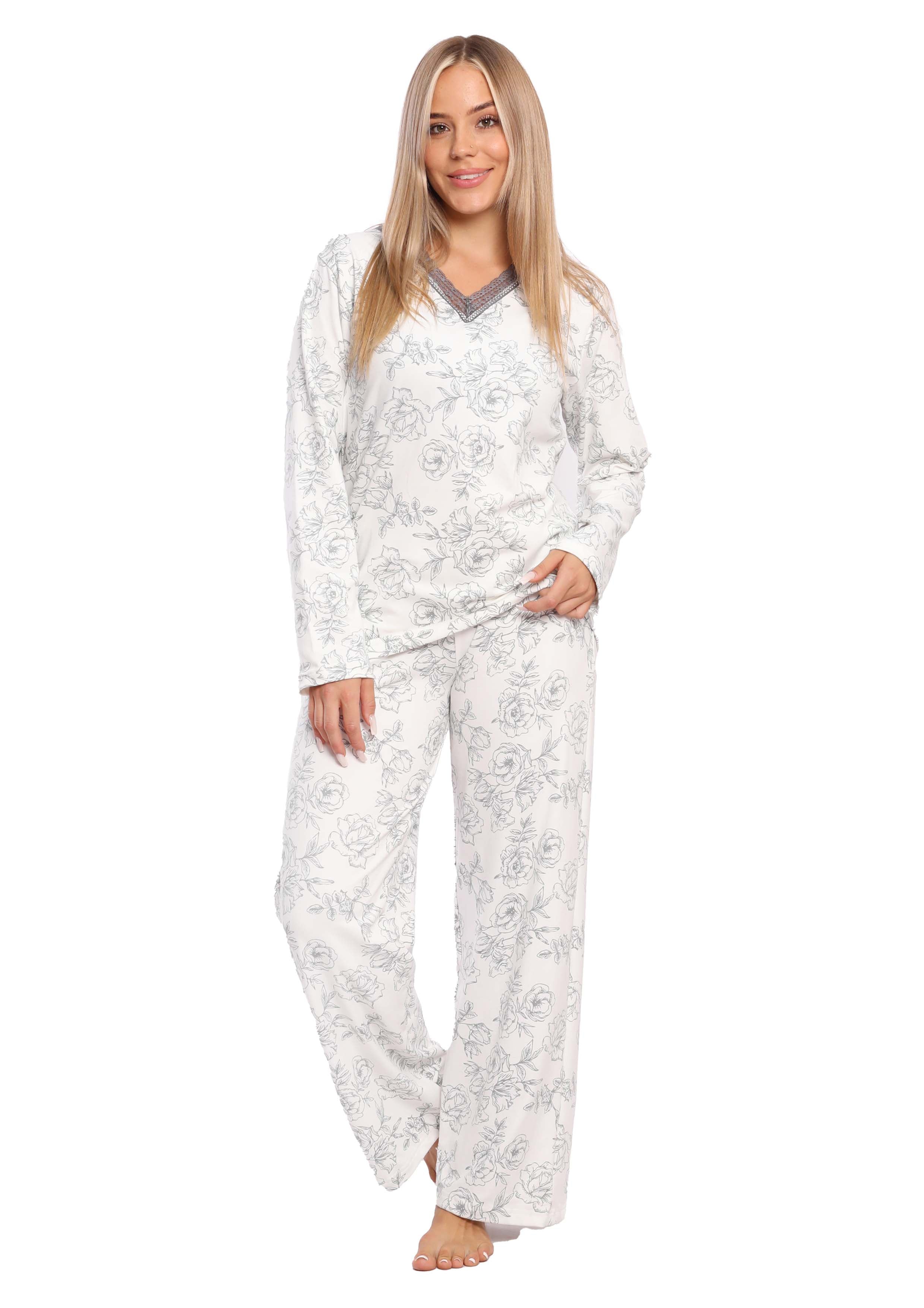 C315 WHITE ROSES LONG SLEEVES LACE TOP PAJAMA SET