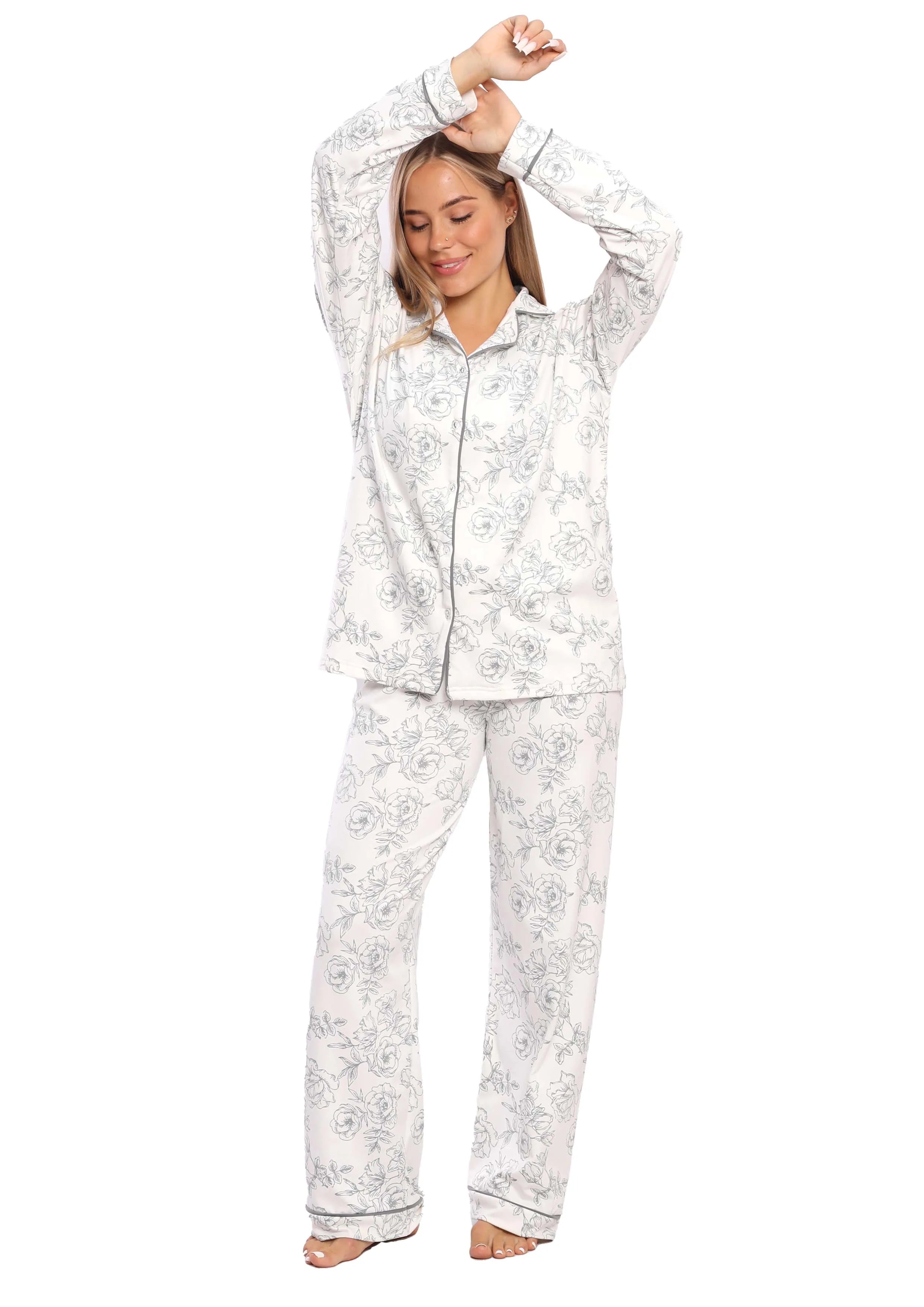 C317 The White Flower long sleeves buttoned Pajama Set