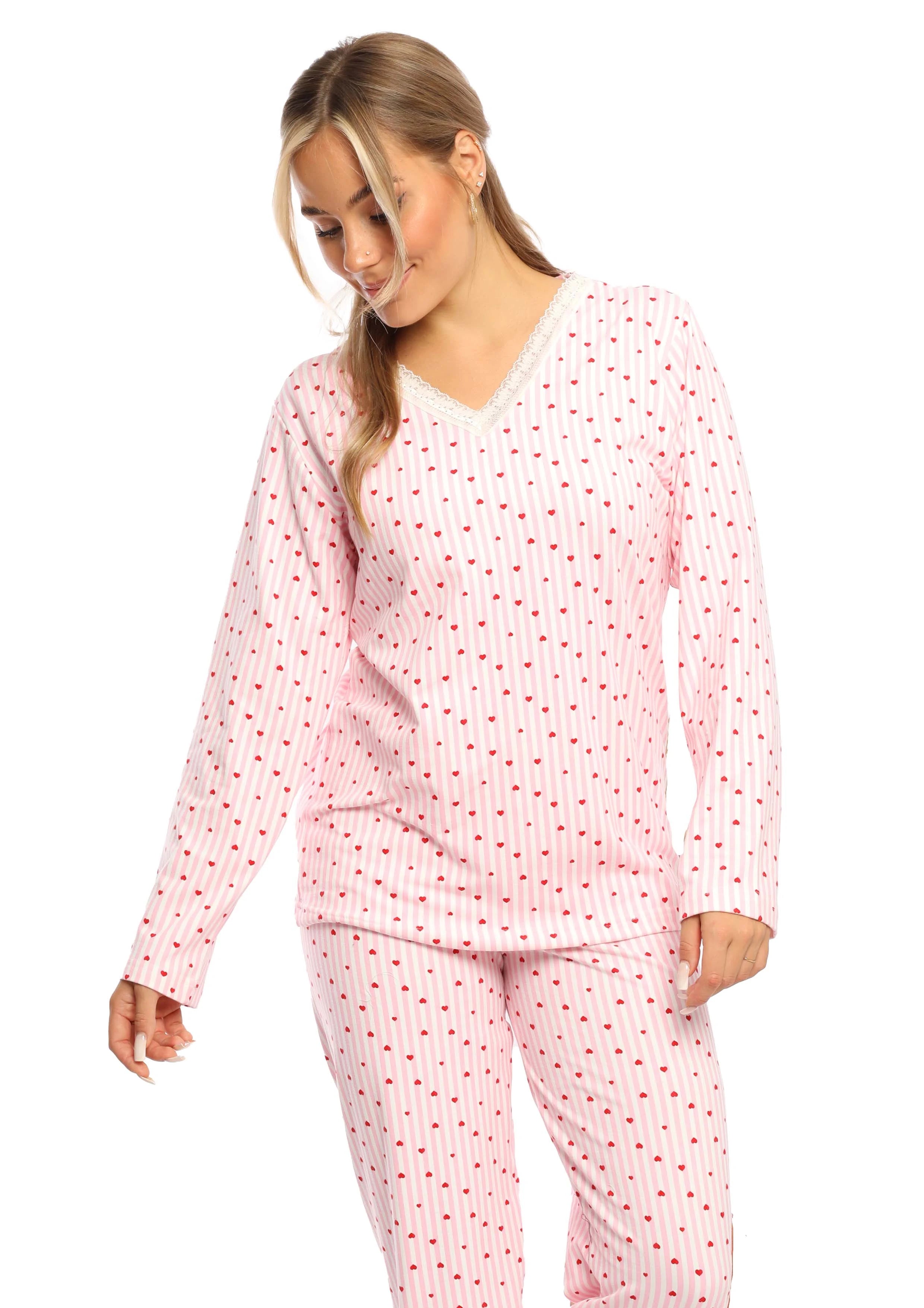 C332 PINK HEARTS LONG SLEEVES Lace Top PAJAMA SET