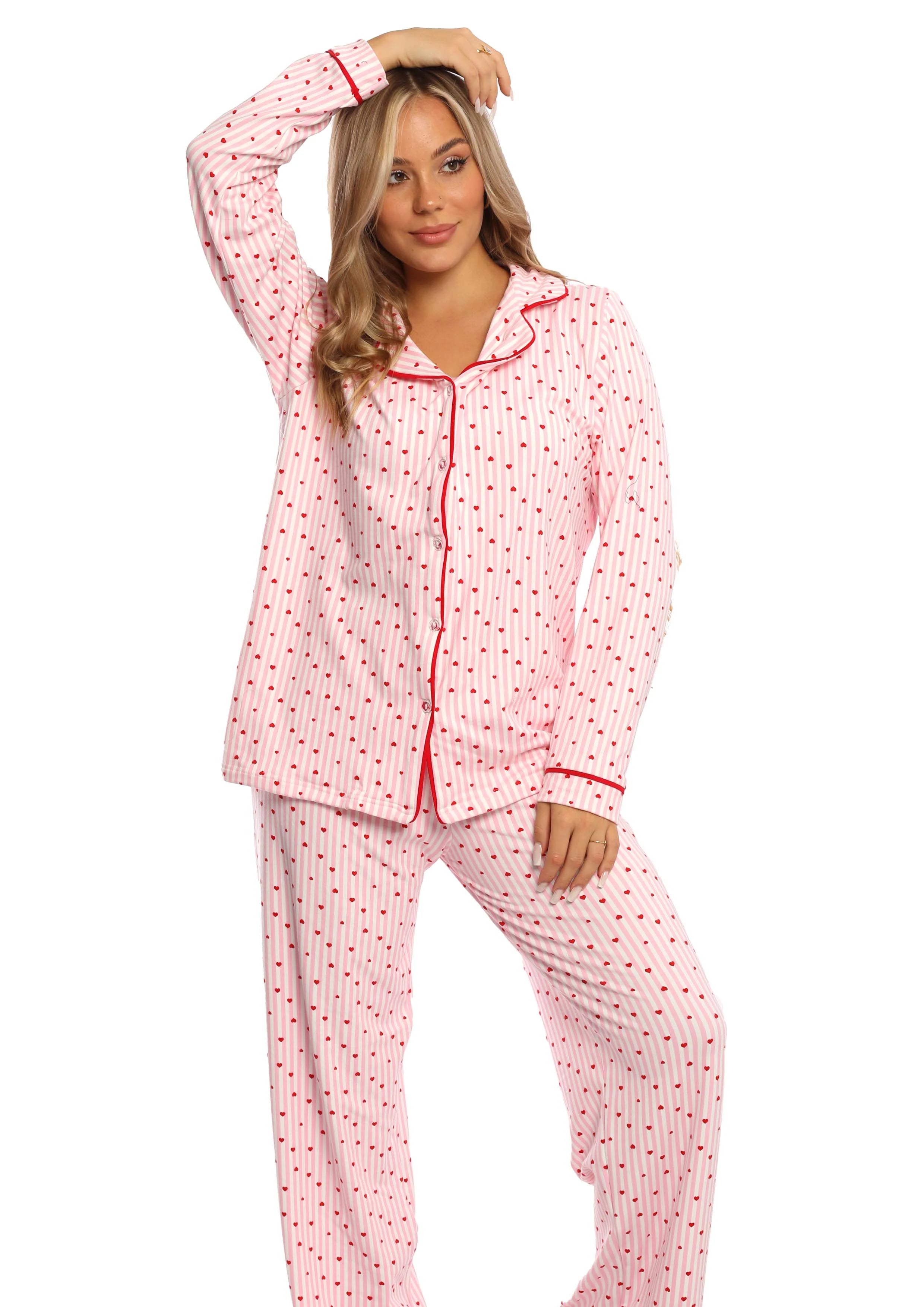 C334 PINK HEARTS LONG SLEEVES BUTTONED PAJAMA SET