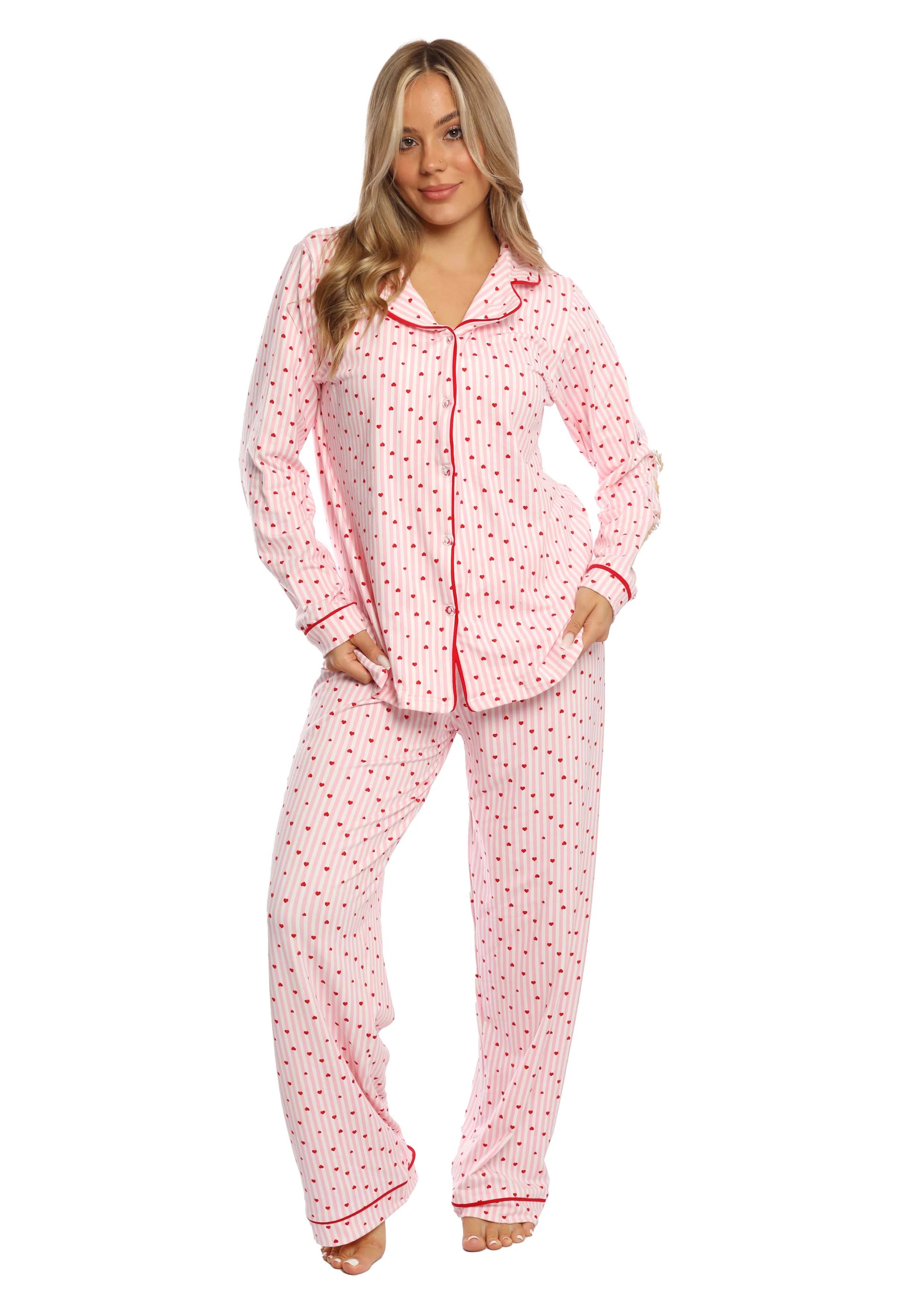 C334 PINK HEARTS LONG SLEEVES BUTTONED PAJAMA SET