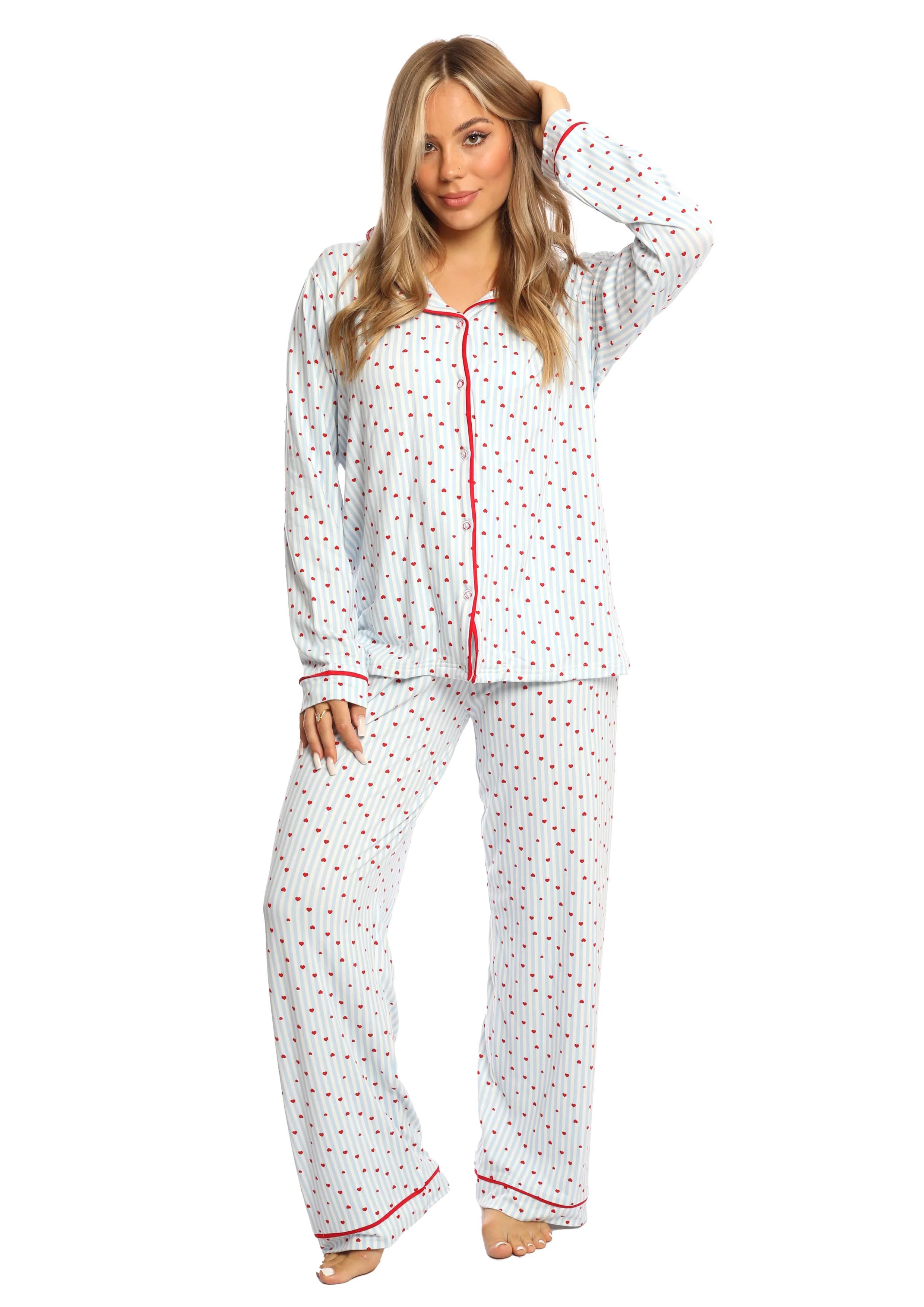 C334 PINK HEARTS LONG SLEEVES BUTTONED PAJAMA SET